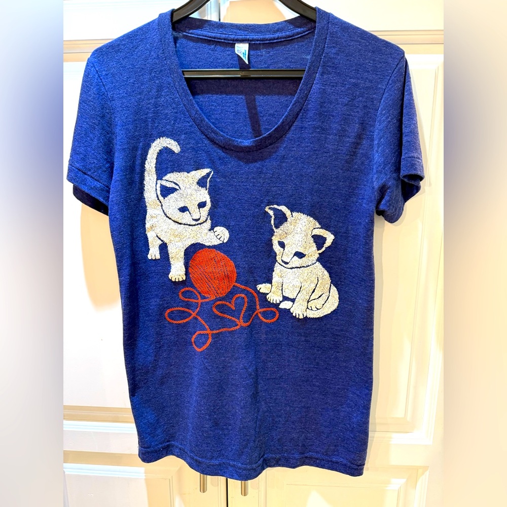 American Apparel Blue and White Cat Print Tee S